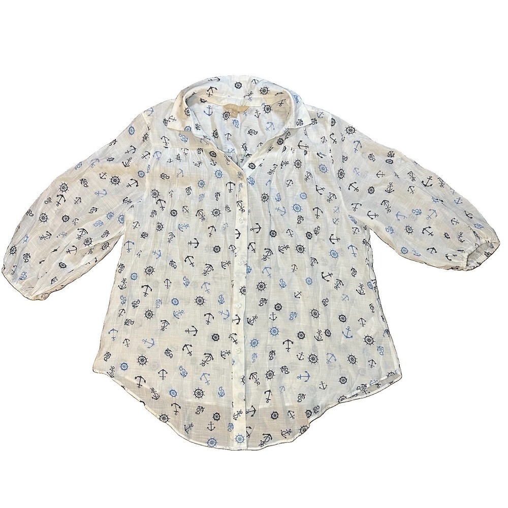 Hope & Harlow SIZE 1X White Blue Nautical Button-Down Coastal Anchor Blouse